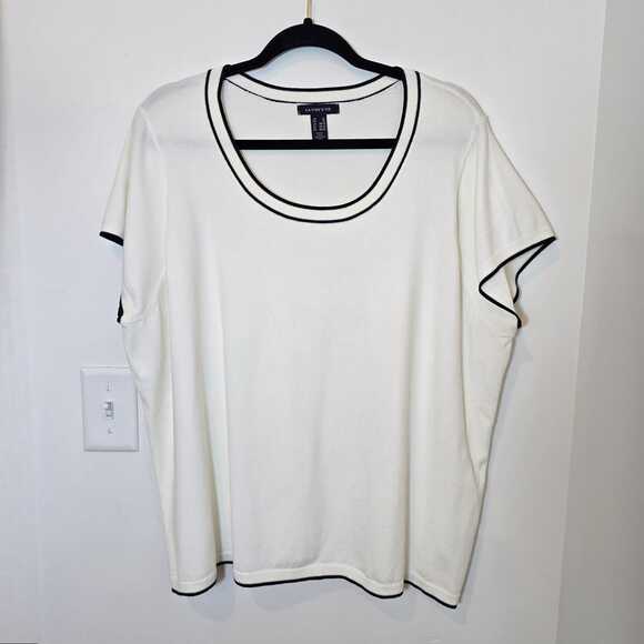 Lands' End 3X Ivory Short Sleeve Knit Top Soft Contrast Trim Preppy Classic - Picture 1 of 7
